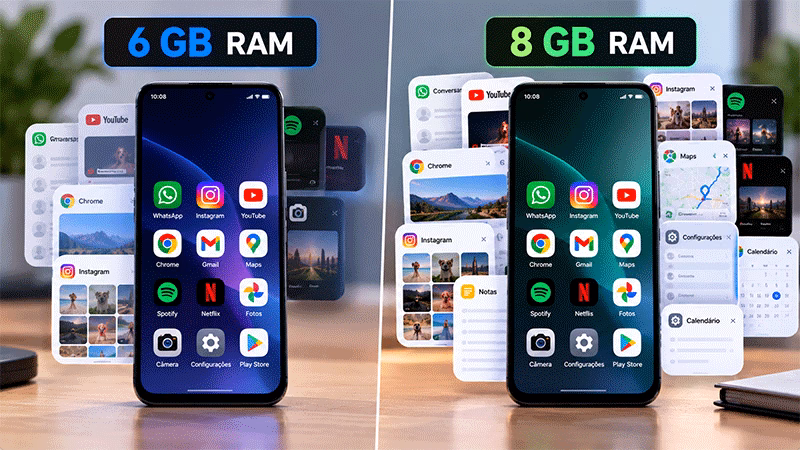 Comparação entre celular com 6 GB e 8 GB de memória RAM