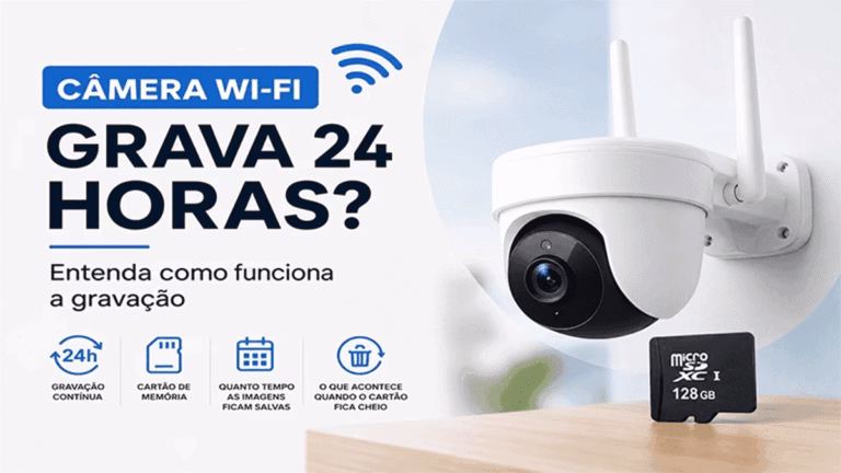 Câmera Wi-Fi com gravação 24 horas e cartão de memória