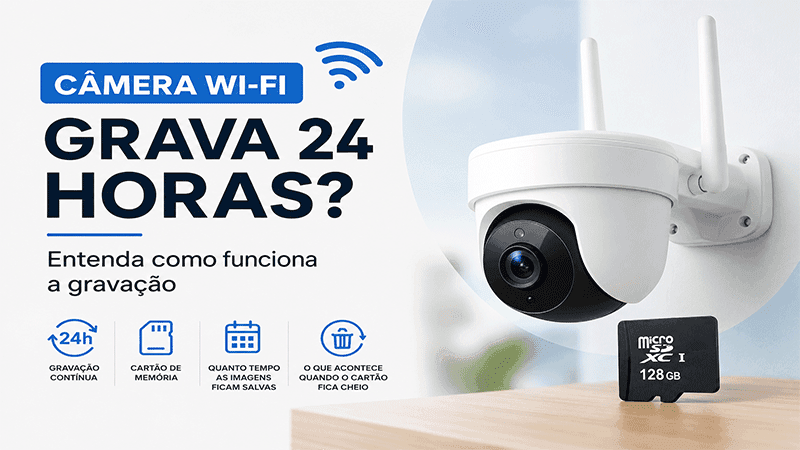 Câmera Wi-Fi com gravação 24 horas e cartão de memória