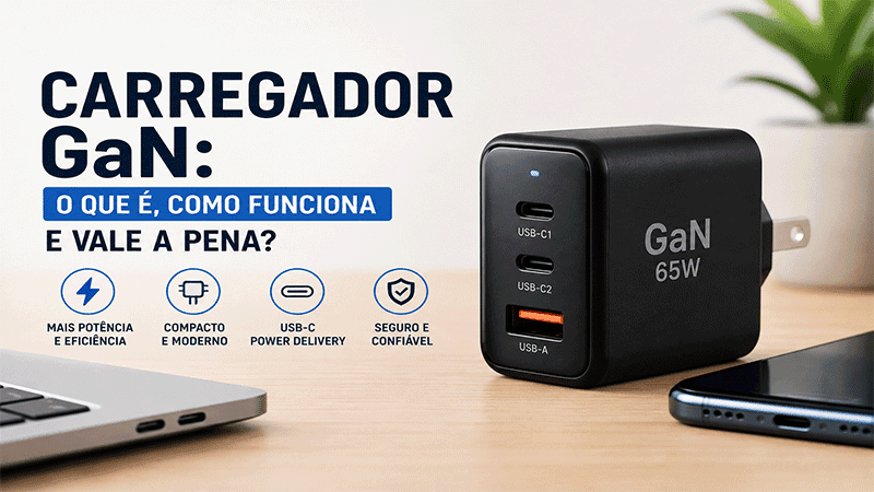 Carregador GaN 65W com portas USB-C e USB-A ao lado de notebook e smartphone
