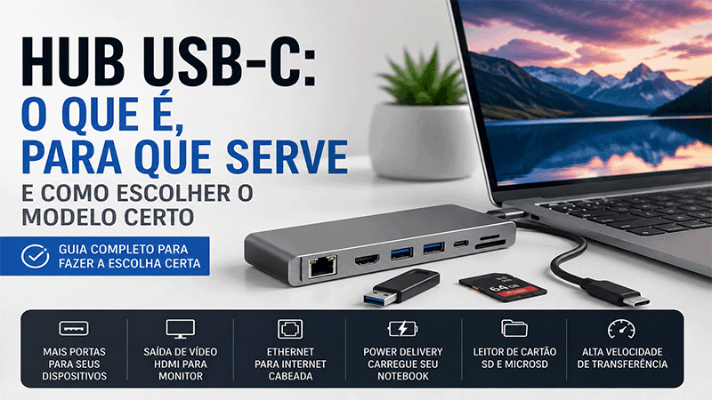 Hub USB-C conectado a notebook com portas HDMI, USB, Ethernet e leitor de cartão