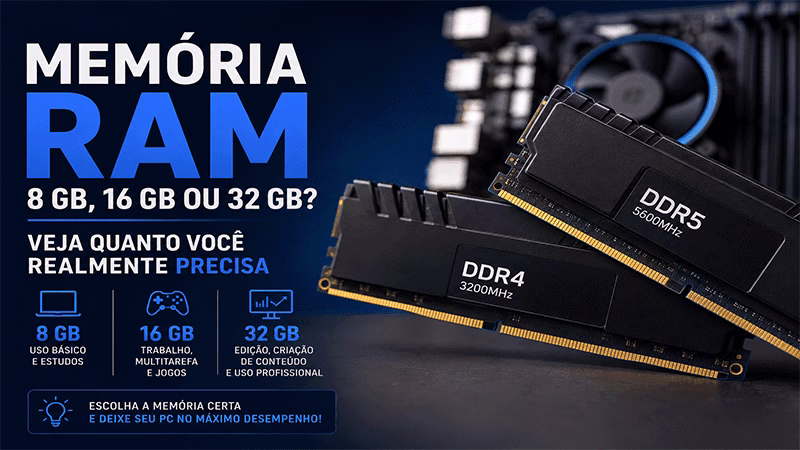 Memória RAM comparando 8 GB, 16 GB e 32 GB para computador