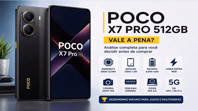 POCO X7 Pro 512GB com 12 GB de RAM, tela AMOLED de 120 Hz e câmera principal de 50 MP.