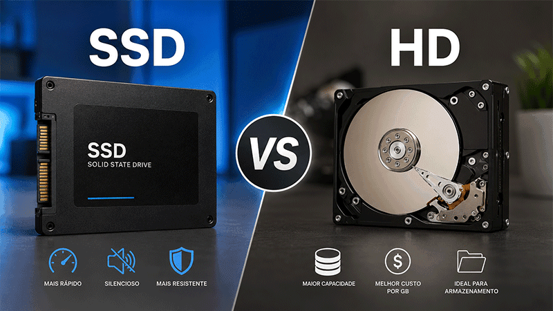 SSD ou HD lado a lado mostrando as diferenças entre os tipos de armazenamento