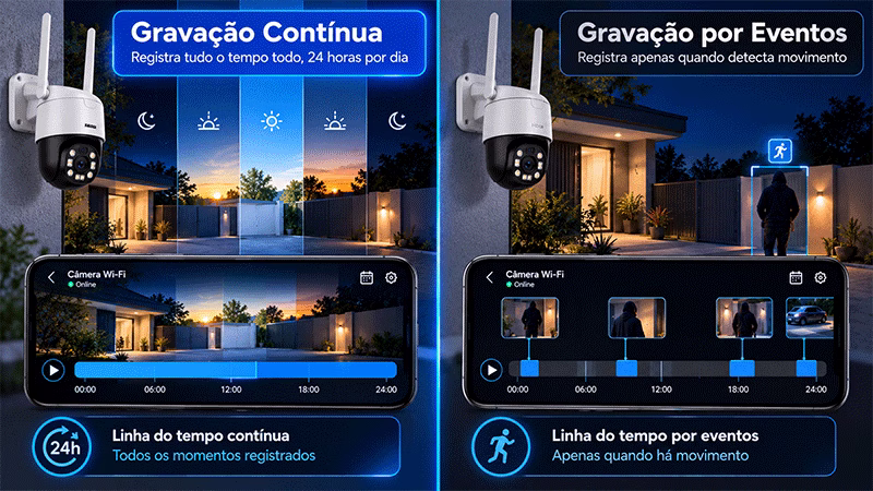 Comparação entre gravação contínua de câmera Wi-Fi e gravação ativada por detecção de movimento