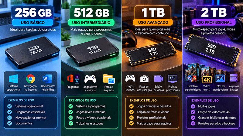 Comparação de capacidades de SSD de 256 GB, 512 GB, 1 TB e 2 TB para diferentes tipos de uso.