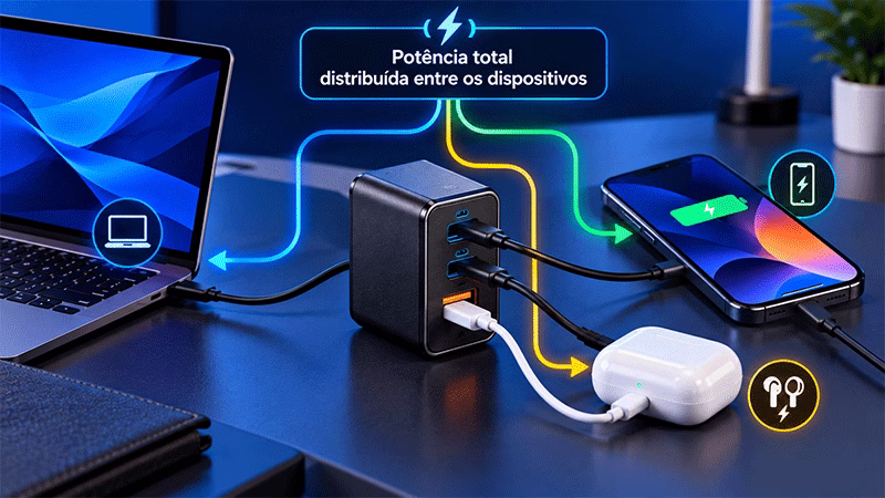 Distribuição de potência entre portas de um carregador GaN
