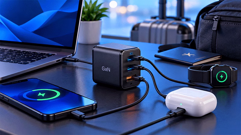 Carregador GaN alimentando notebook e celular com múltiplas portas