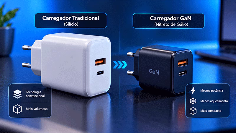 Comparação de tamanho entre carregador GaN e carregador convencional