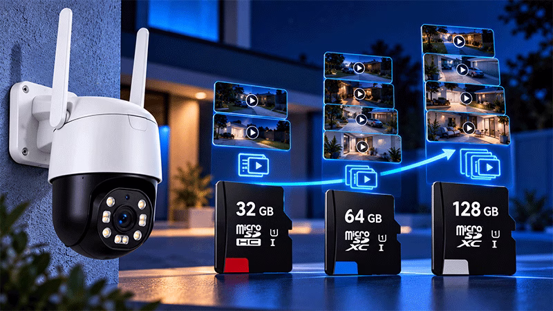 Câmera Wi-Fi ao lado de cartões microSD de 32 GB, 64 GB e 128 GB para armazenamento de gravações