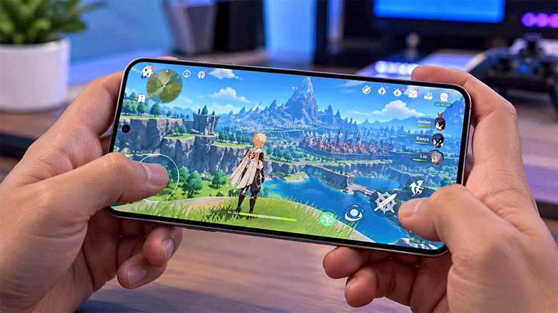 Tela de um smartphone exibindo um jogo móvel com gráficos complexos de última geração em alta definição.
