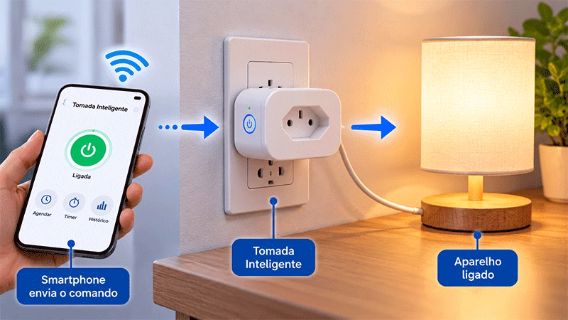 Esquema mostrando como funciona uma tomada inteligente conectada ao Wi-Fi