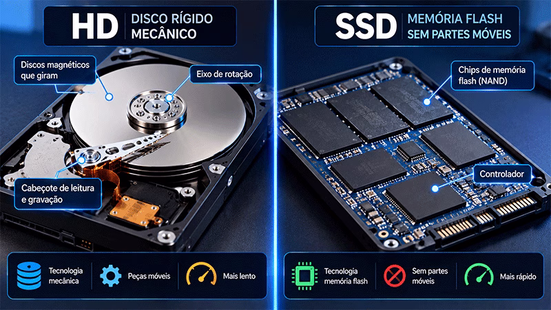 Comparação do funcionamento interno de um SSD com memória flash e um HD com discos magnéticos.