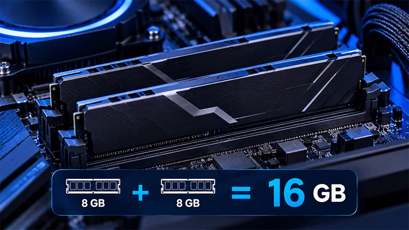 Dois módulos de memória RAM de 8 GB em configuração dual channel