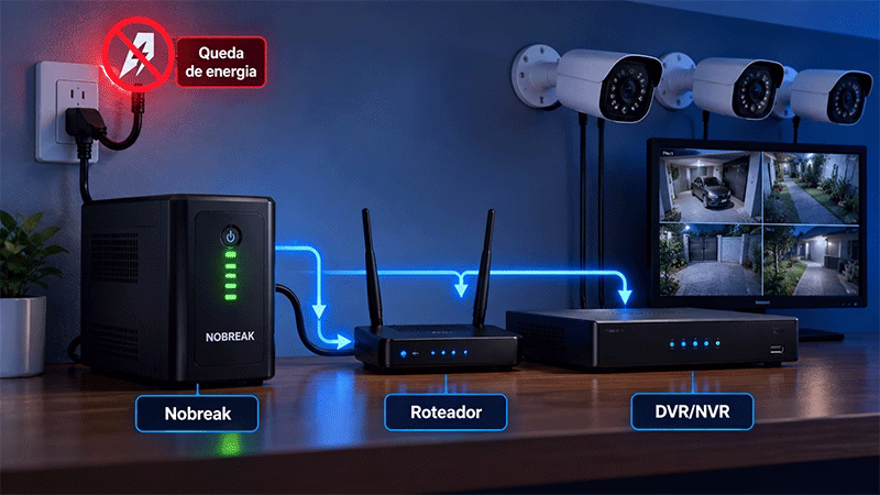 Nobreak alimentando sistema de câmeras DVR e roteador