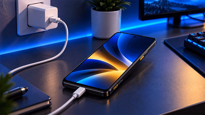 POCO X7 Pro conectado ao carregador, ilustrando a bateria de 6.000 mAh e o carregamento de 90 W.