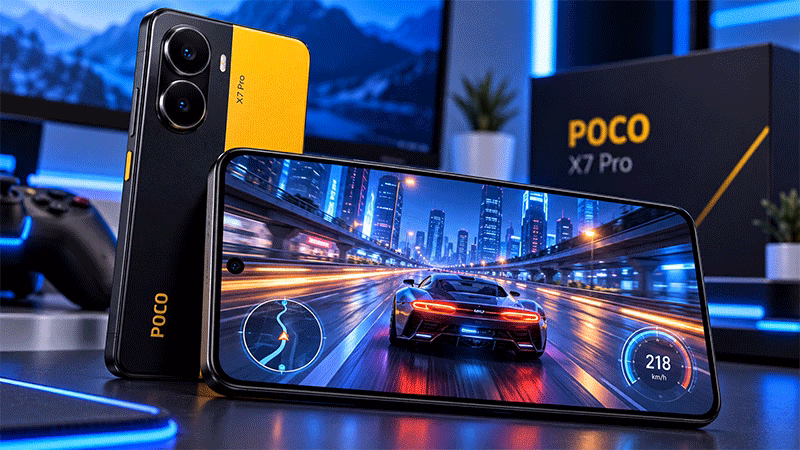 POCO X7 Pro com tela exibindo jogo de corrida, ilustrando seu desempenho para jogos.