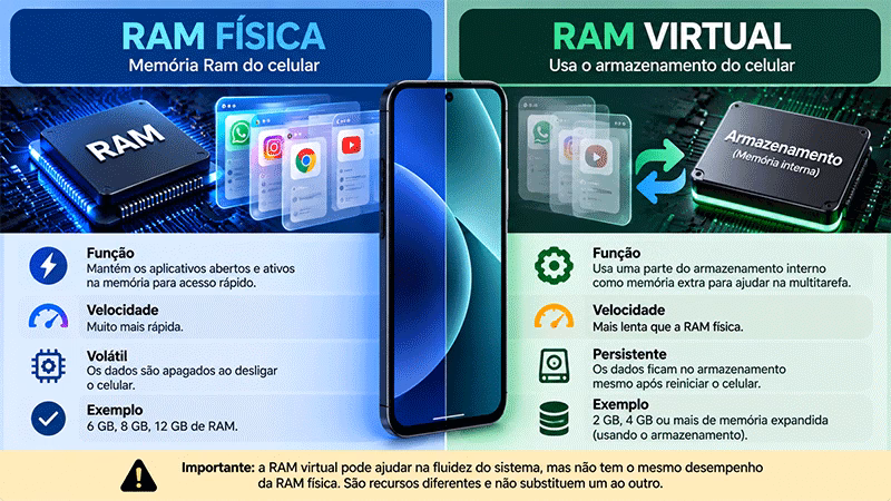 Diferença entre memória RAM física e RAM virtual no celular