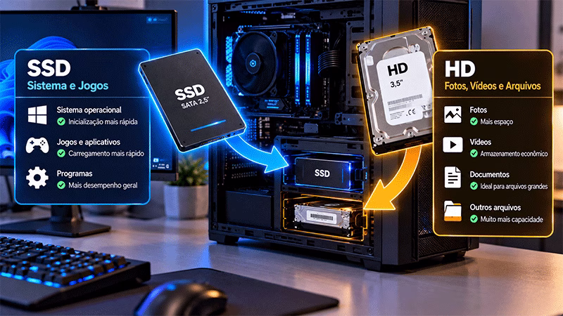 Computador utilizando SSD para sistema e programas e HD para armazenar fotos, vídeos e arquivos.