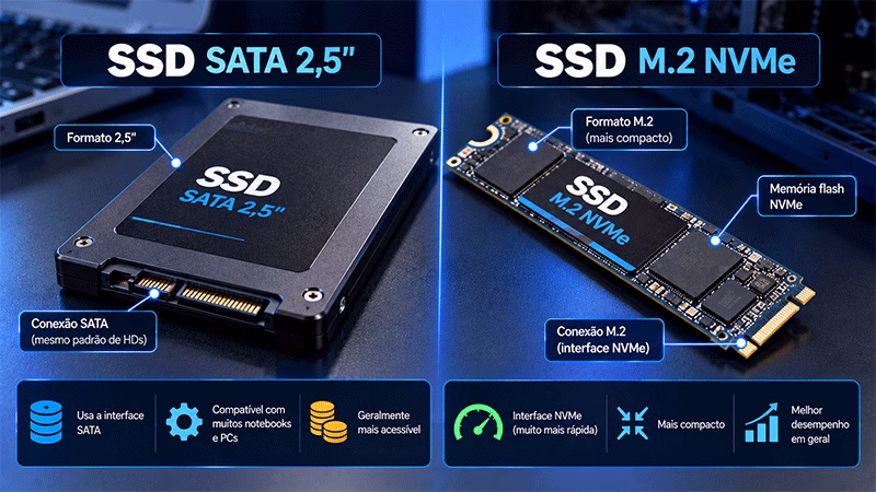 SSD SATA de 2,5 polegadas e SSD M.2 NVMe lado a lado mostrando os diferentes formatos de armazenamento.