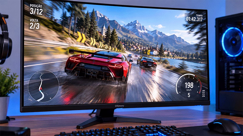 Monitor gamer de alta frequência exibindo um jogo de corrida em movimento rápido para ilustrar a taxa de atualização.