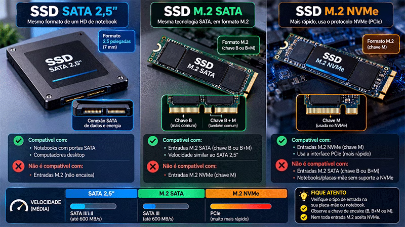 Comparação entre SSD SATA de 2,5 polegadas, SSD M.2 SATA e SSD M.2 NVMe para verificar compatibilidade.