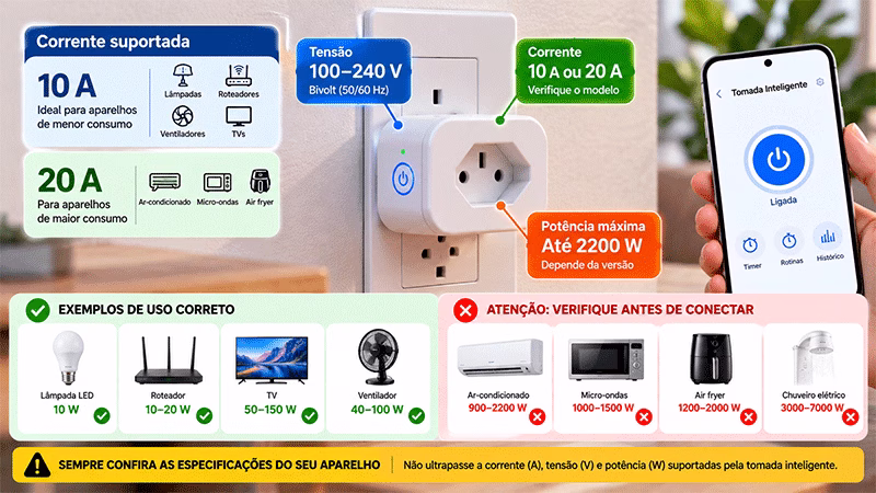Limites de corrente e potência de uma tomada inteligente de 10 A e 20 A