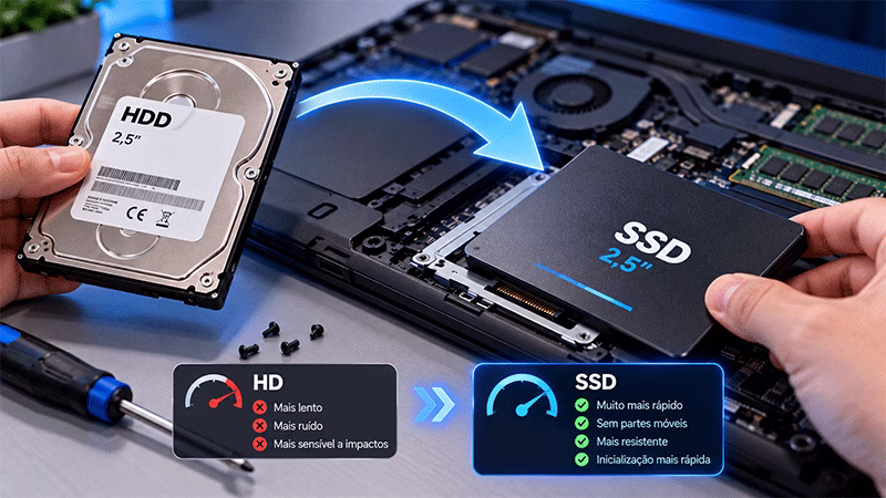 Notebook recebendo upgrade de armazenamento com a substituição do HD por um SSD.