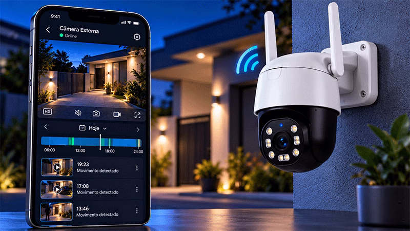 Smartphone exibindo histórico de gravações de uma câmera Wi-Fi para verificar vídeos armazenados