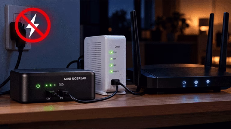 Mini nobreak conectado a roteador Wi-Fi durante queda de energia