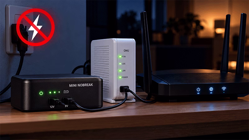 Mini nobreak conectado a roteador Wi-Fi durante queda de energia