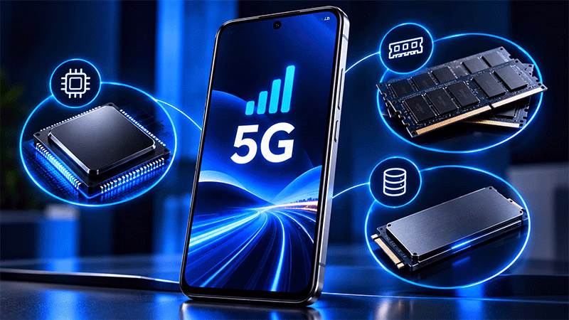 Smartphone 5G com representação de processador, memória RAM e armazenamento interno