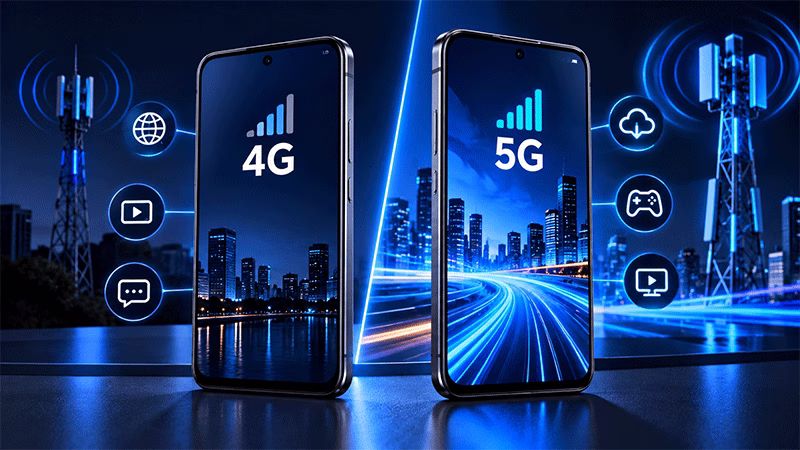Comparação visual entre smartphones com redes móveis 4G LTE e 5G