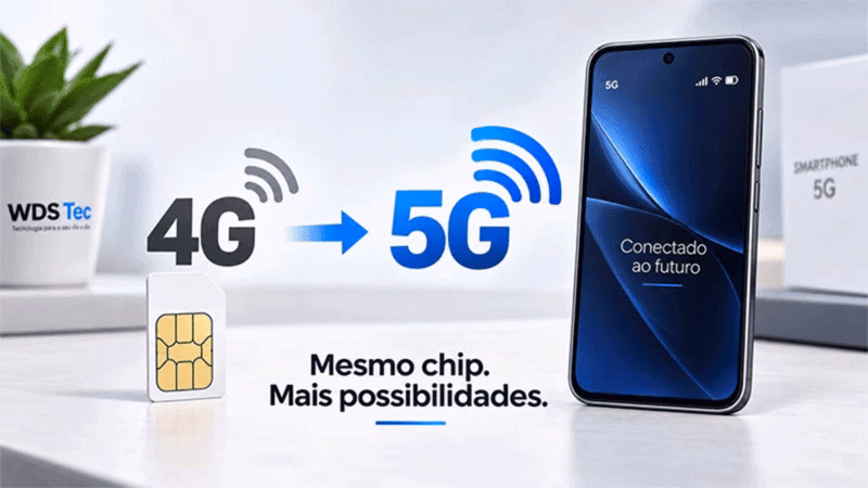 Chip 4G conectado a smartphone 5G mostrando compatibilidade entre redes 4G e 5G