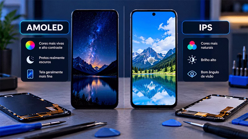 Comparação de reparo de telas AMOLED e IPS em celulares