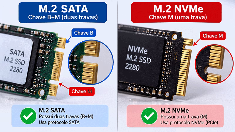 Detalhe dos conectores físicos de um SSD M.2 SATA com dois recortes e um SSD M.2 NVMe com apenas um recorte.