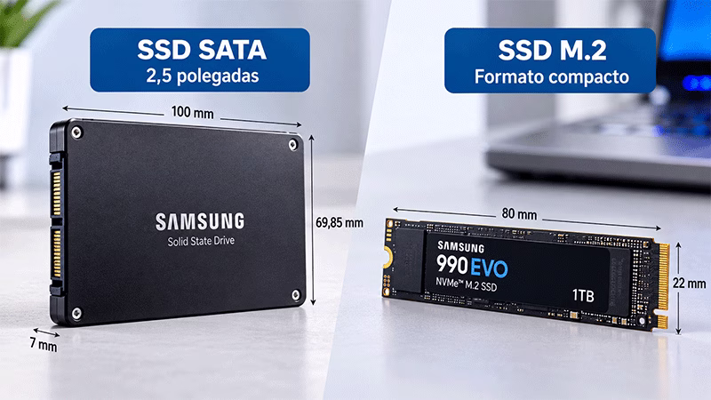 Comparação física entre um SSD SATA tradicional de dois vírgula cinco polegadas e um SSD moderno no formato M.2.