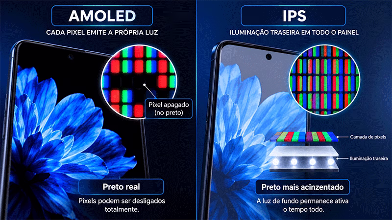 Diferença entre iluminação de uma tela AMOLED e IPS LCD