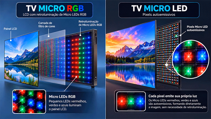 Diferença entre a retroiluminação Micro RGB e os pixels autoemissivos Micro LED