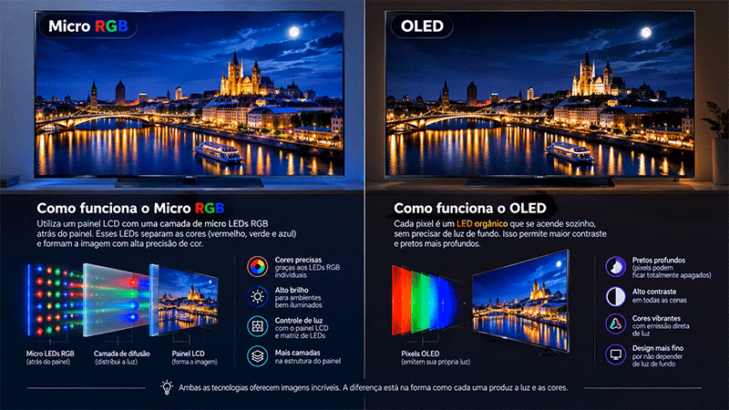 Comparação ilustrativa entre as tecnologias de TV Micro RGB e OLED