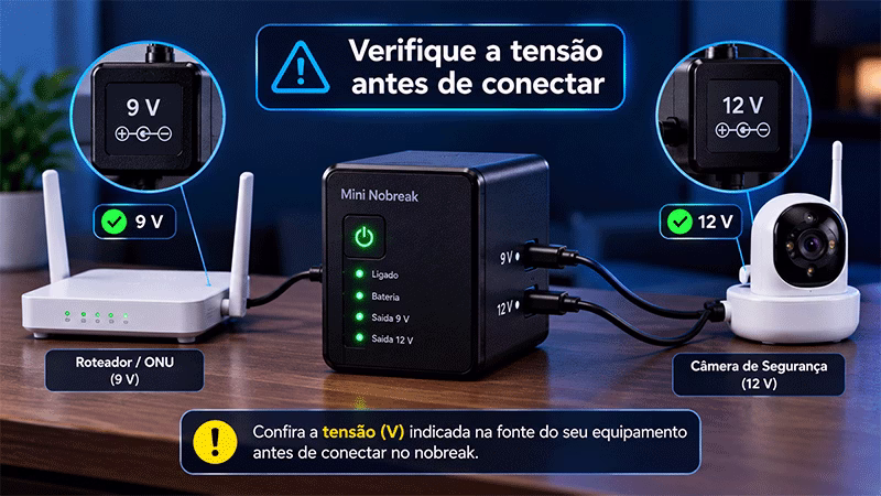 Comparação de tensão 9 V e 12 V em mini nobreak para roteador