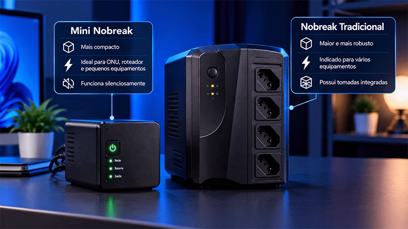 Comparação entre mini nobreak para roteador e nobreak convencional