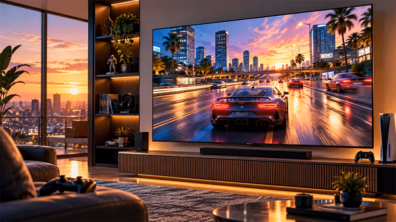 Smart TV Samsung Micro RGB exibindo jogo de corrida moderno