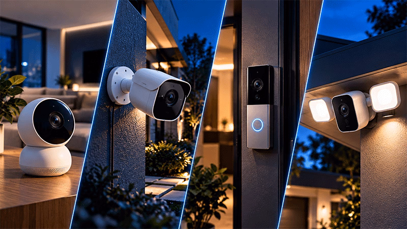 Câmeras internas, externas, campainha com vídeo e câmera com iluminação da Apple Home Collection.