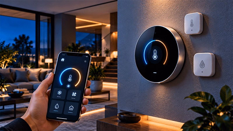 Termostatos inteligentes e sensores de temperatura e umidade da Apple Home Collection.
