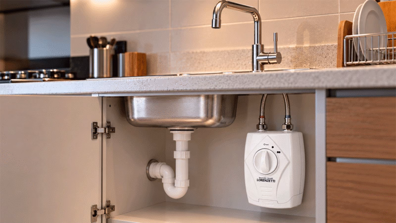 Aquecedor elétrico Lorenzetti Versátil branco instalado próximo a pia de cozinha.
