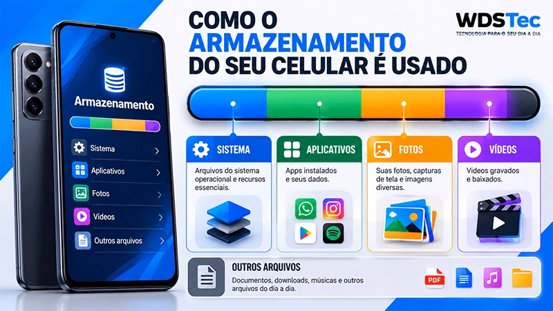 Ilustração das categorias que ocupam o armazenamento de um celular de 128 GB.