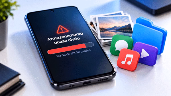 Celular exibindo aviso de armazenamento quase cheio, com fotos e aplicativos ao lado.