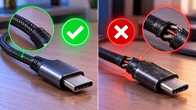 Comparação entre cabo USB-C em boas condições e cabo danificado usado com power bank.