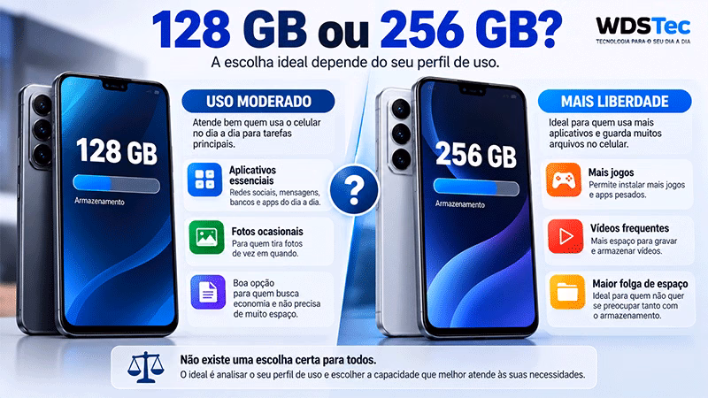 Comparação visual entre celulares de 128 GB e 256 GB, com exemplos de perfis de uso.